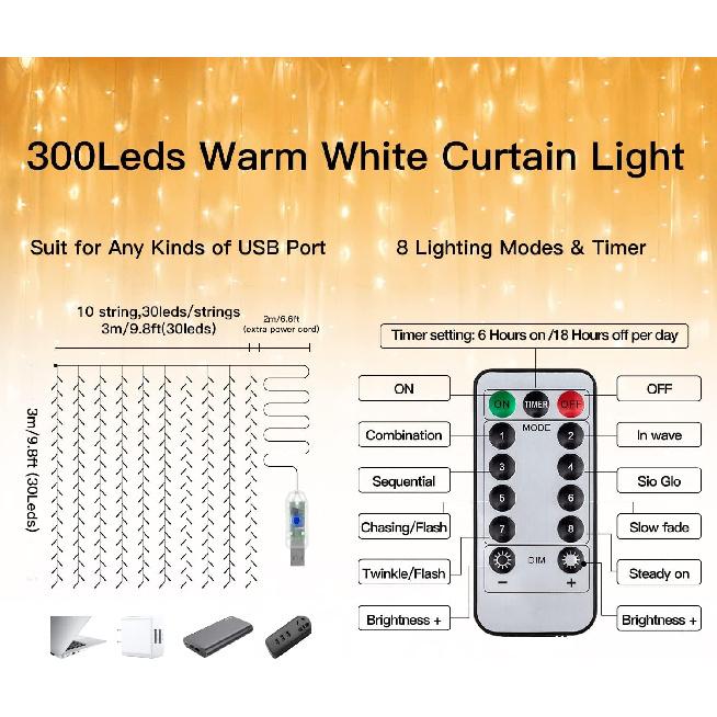 Ollny Christmas Curtain Lights 300 LED 9.8 FTx9.8 FT, Outdoor Waterproof Curtain String Lights with Remote Timer 8 Modes, USB Waterfall Window Lights