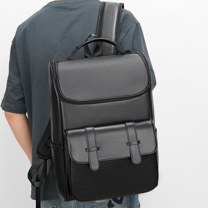 Backpack Men'S Fashion Trendy Brand Pu Commuter Backpack Travel Bag College Student High School Student School Bag Computer Bag Large Capacity