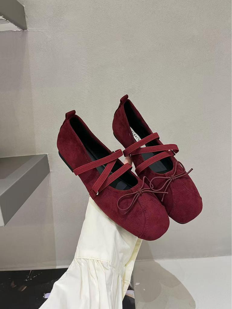 Wanwanfeng 2025 Zamszowe Baleriny z Kwadratowym Noskiem i Skrzyżowanymi Paskami z Kokardką dla Kobiet