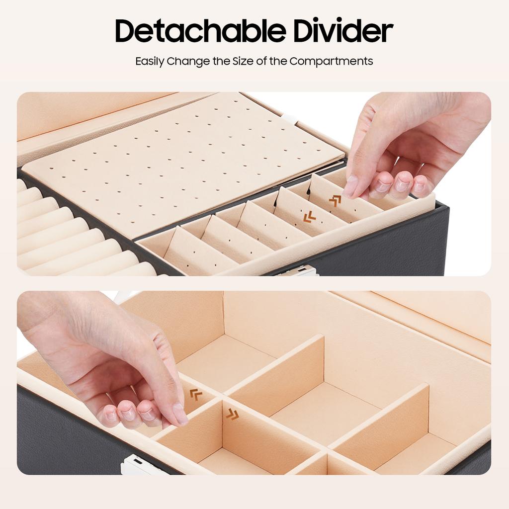 2-Tier Black Jewelry Box with Lock, Portable Travel Jewelry Organizer Case, PVC Velvet Storage for Necklace Ring Earring