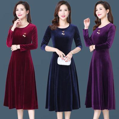 Party Dress Round Neck Gold Velvet Women's Mid-length Slim Fit Covering Belly Plus Size Mother Skirt Women's Clothing