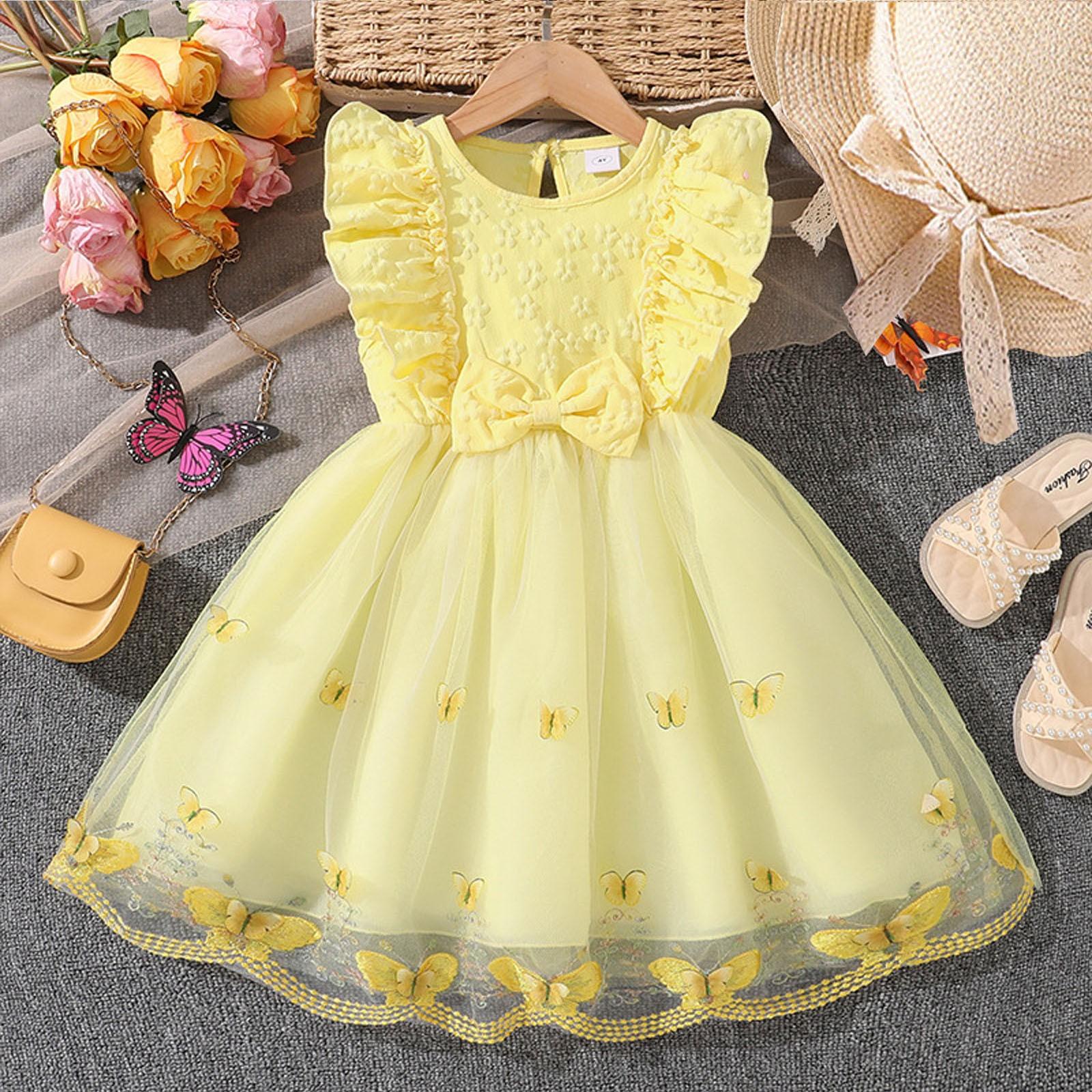 

Детское модное платье-принцесса без рукавов с кружевной вставкой и сеткой 130 жёлтый