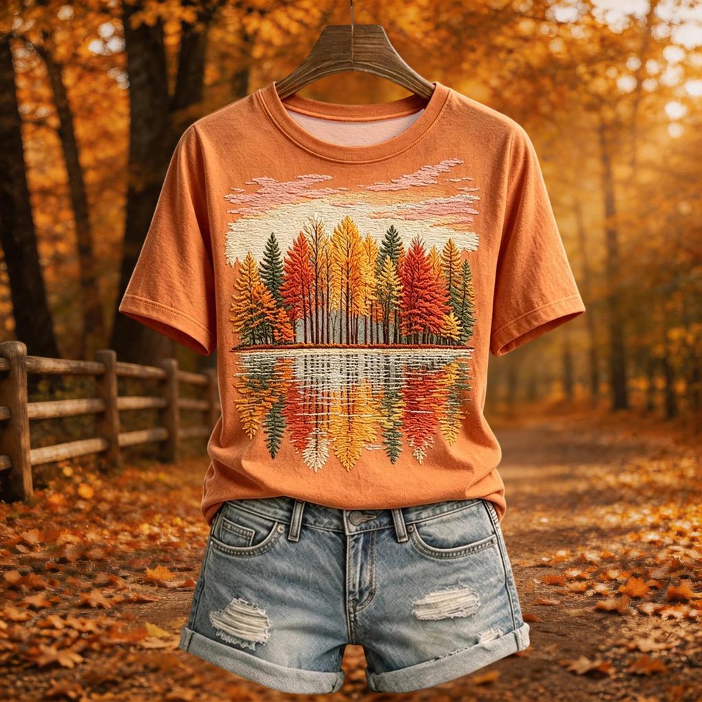 Top Casual Feminino com Estampa de Outono, Gola Redonda e Manga Curta