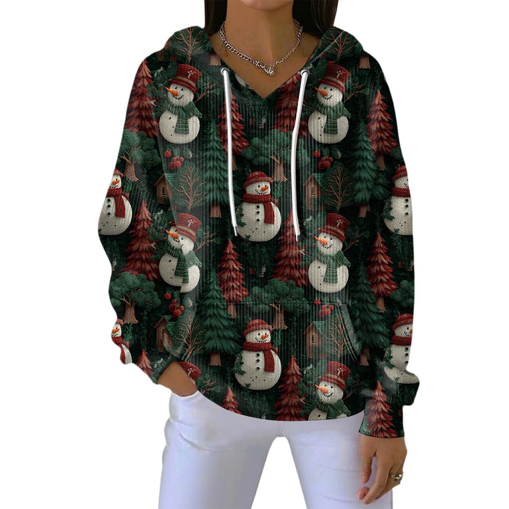 Women's Loose Comfortable Casual Fashion V-Neck Christmas Print Long Sleeve Hoodie