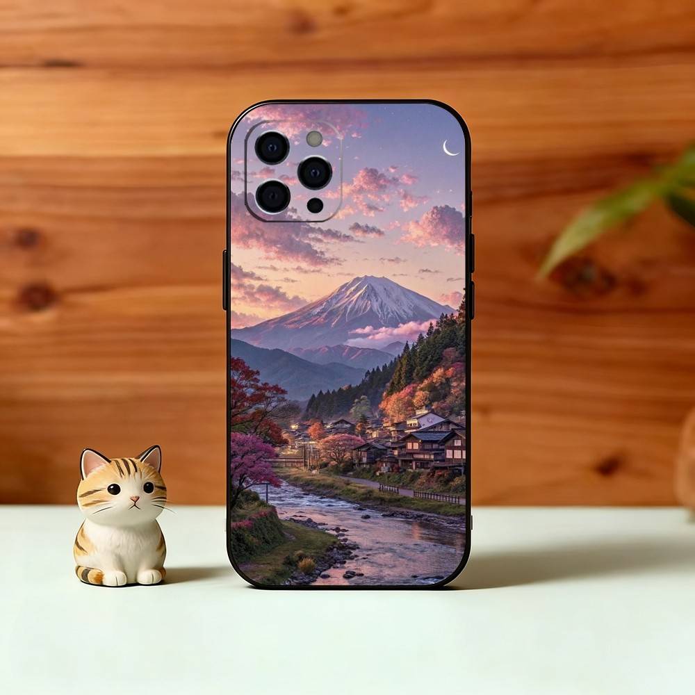 Dreamy Mount Fuji Phone Case For iPhone 17,16,15,14,13,12,11 Plus,Pro Max,XS,Soft Silicone Black Cover