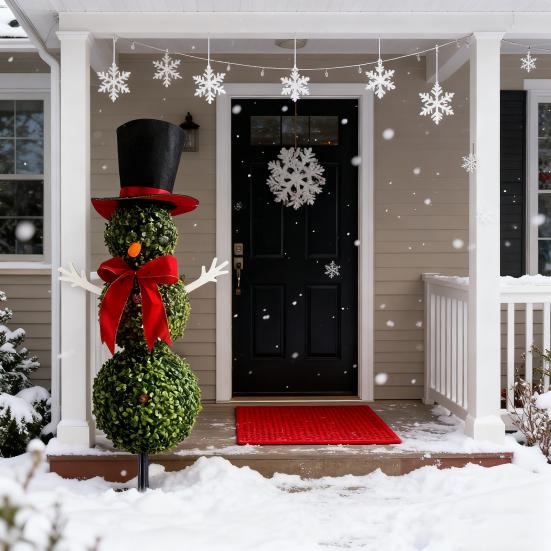Christmas Snowman Topiary Artificial Snowman Shaped Topiary Tree with Bow And Hat Outdoor Boxwood Topiary with Stake for Home Porch Decor