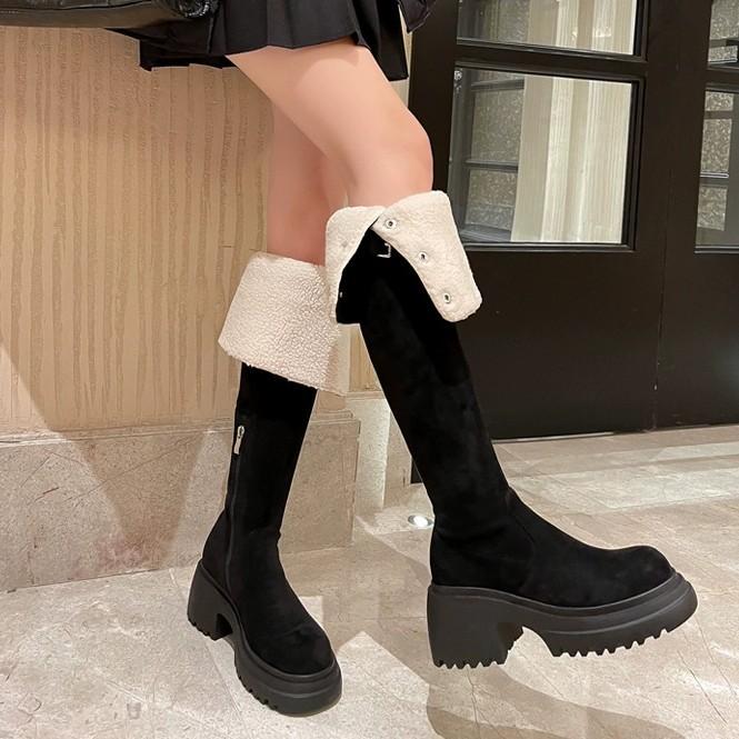 Over-knee boots retro two-wear leather boots autumn and winter new velvet thickened western boots tall knight boots