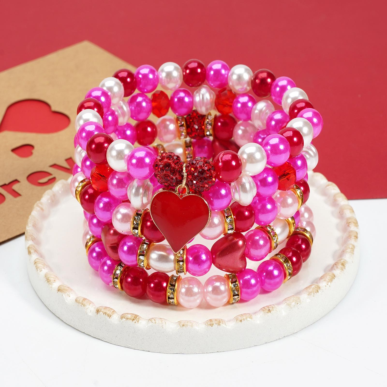 

Valentine s Day Pearl Heart Pendant Bracelet 5-Piece Set - Pink & Cute with High-End Feel