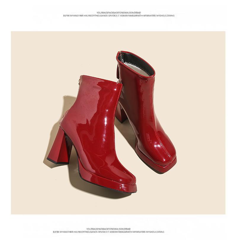 Autumn and winter new Martin boots women's square head high heel thick heel rear zipper short boots patent leather high heel single boots fashion