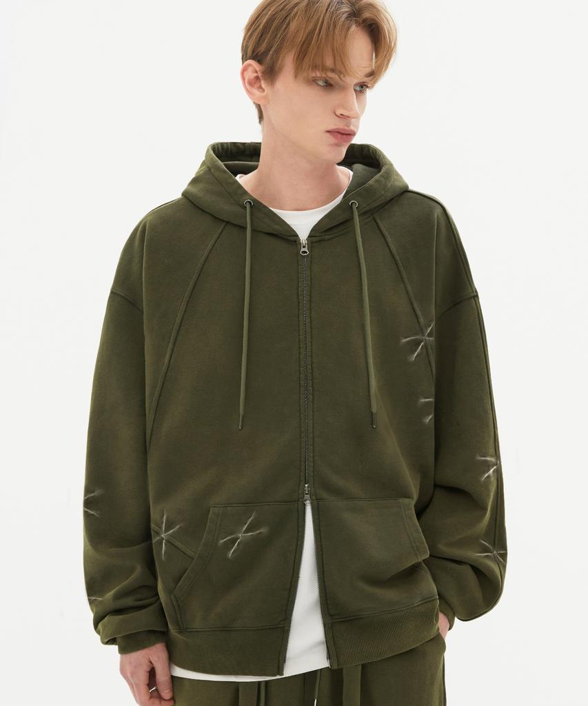 Trillion Domingo Pigment 2-Way Sweat Hoodie Zip-Up (Khaki)