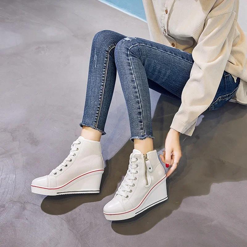 Kobiety z ukrytym klinem niewidoczne buty na obcasie brezentowe buty na koturnie z bocznym zamkiem zwiększone dorywczo wysokie oddychające trampki na platformie