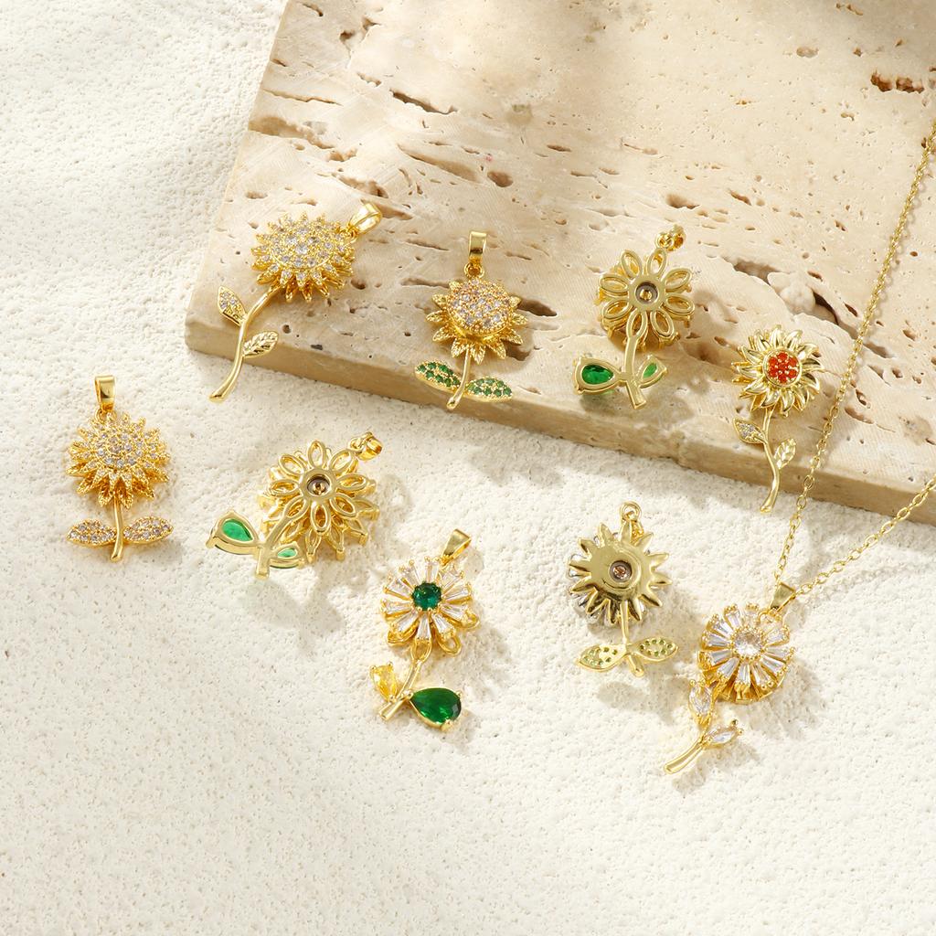1 Piece Brass & Rhinestone Charms 18K Gold Plated Flower Rotatable Sunflower Daisy Pendants For DIY Necklace Jewelry Making