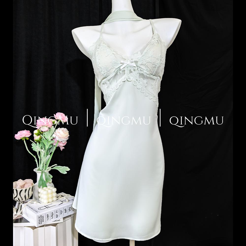 New acetate silk suspender nightgown women's 1011 spring and summer sexy pajamas with chest pads hollow nightgown thin summer