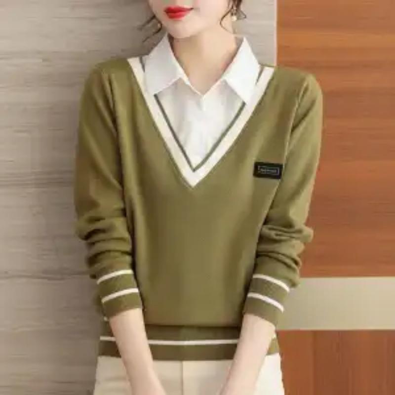 

Женский вязаный топ с длинным рукавом и лацканами в новом осеннем стиле, базовый, с имитацией двойки, с воротником-стойкой и вставками-свитером L зелёный