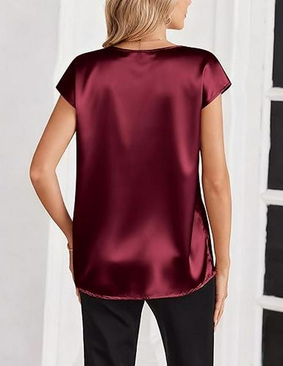 Women's Solid Color Satin V-Neck T-Shirt - Spring/Summer Casual Business Top