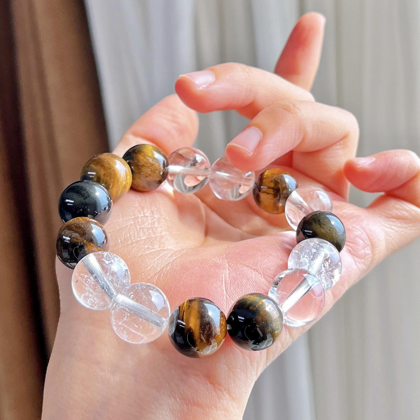 12Mm Natural White Crystal Tiger S Eye Design Bracelet Bracelet