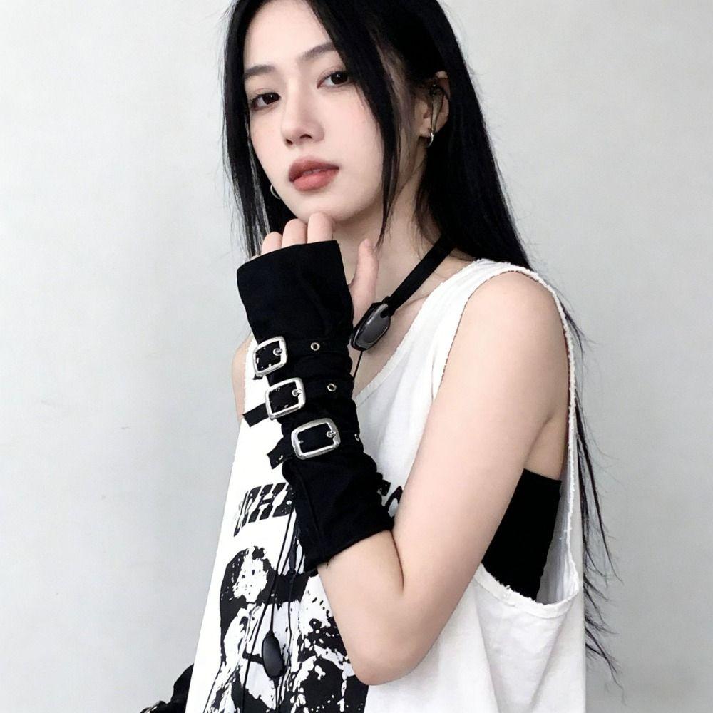 Black Punk Style Elbow Gloves Gothic Metal Button Gloves Harajuku Street Dance Gloves Street Dance