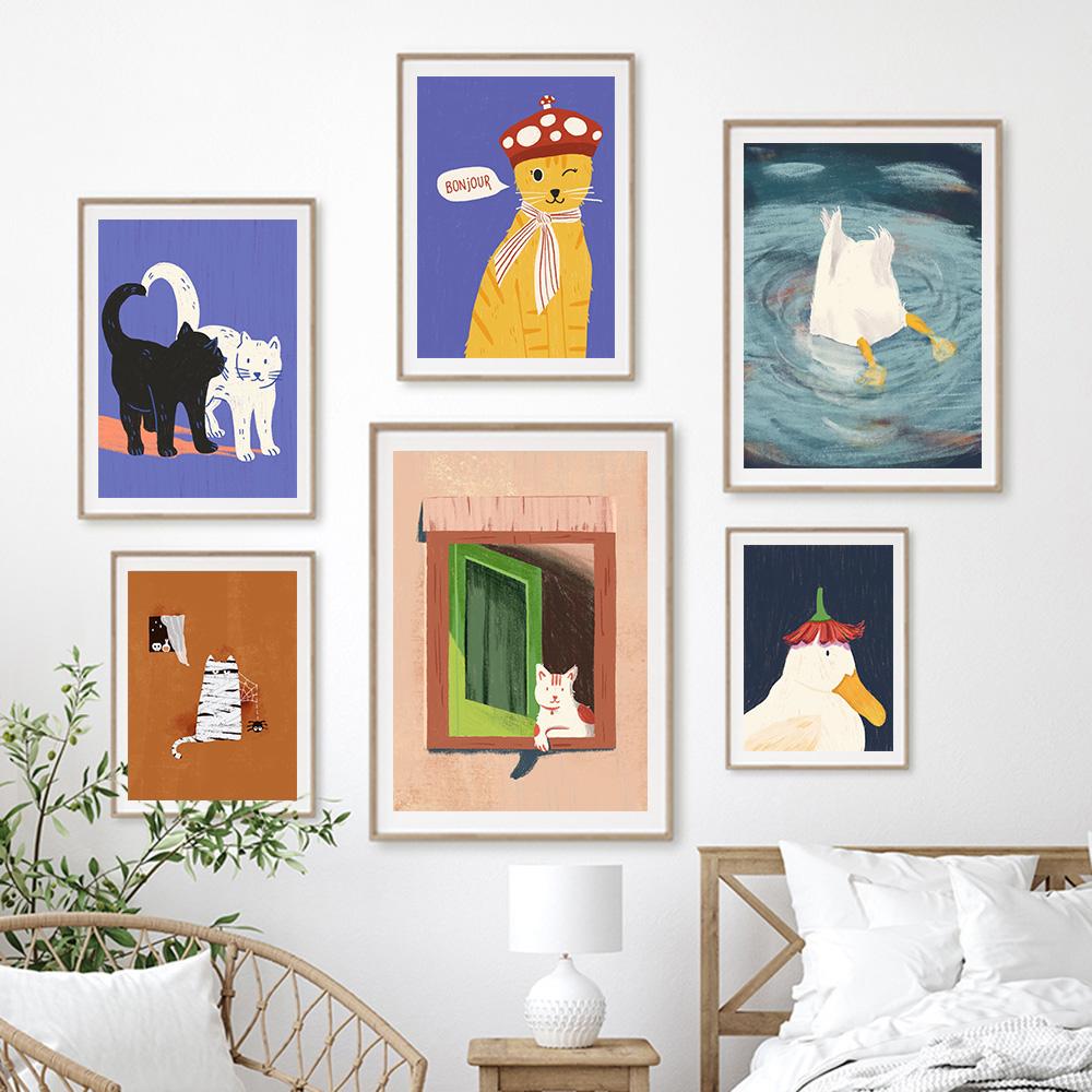 Modern Funny Cute Animals Duck Cats Rabbit Wall Art Canvas Painting Nordic Posters And Prints Nursery Pictures Living Room Decor