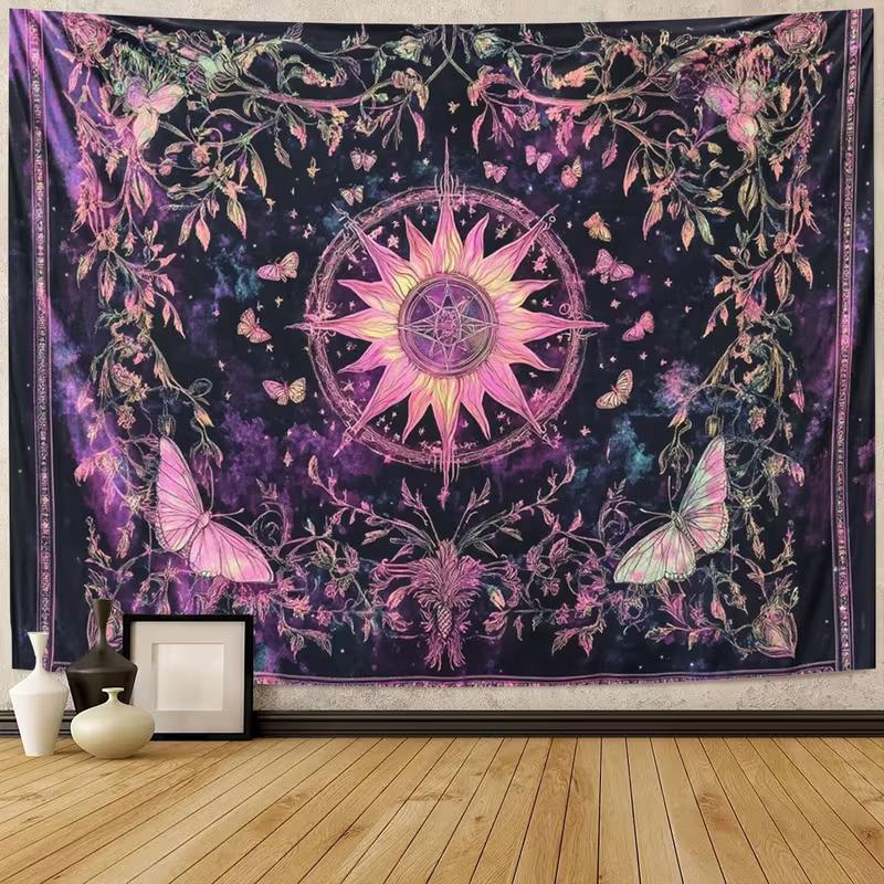 

2D Mystical Sun Tapestry with Butterflies & Flowers Aesthetic Home Decor 47.2x31.5inch/120*80cm