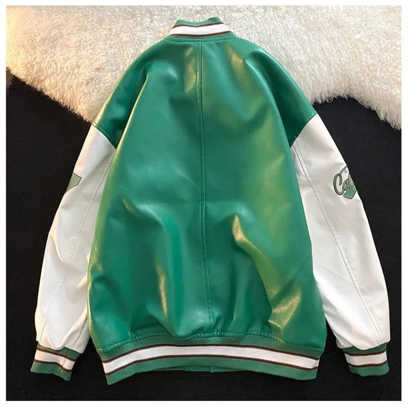 American retro letter embroidery leather jackets coats women's 2024 new street trend all-match baseball uniform couple loose top