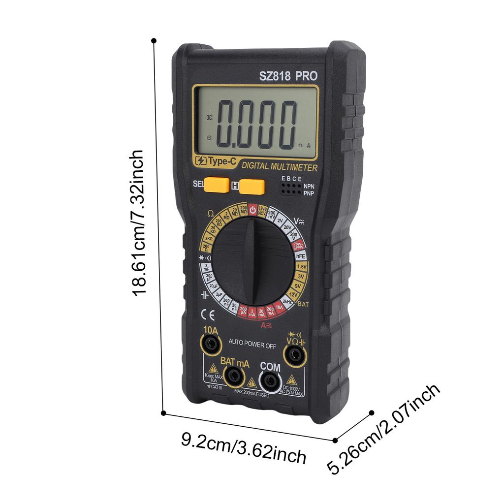 Digital-Multimeter, 1999 Zählwerte, AC/DC-Spannungstester mit LCD-Hintergrundbeleuchtung, Data-Hold, Automatische Abschaltung, HFE-Transistor