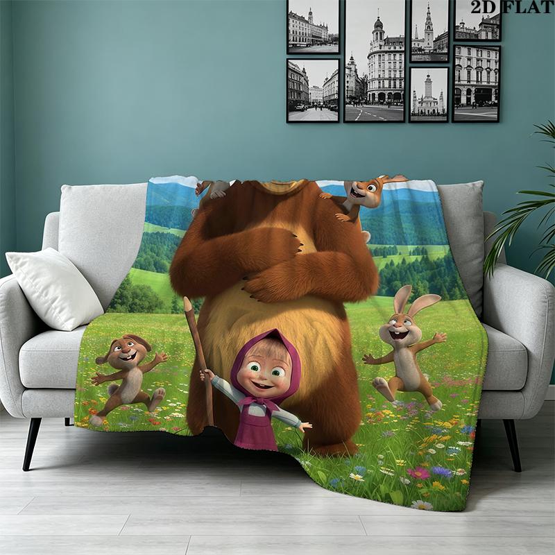 Cartoon Masha Bear Print Flannel Blanket High Quality Warm Comfortable Cover for All Seasons Perfect for Gifts Home Decor