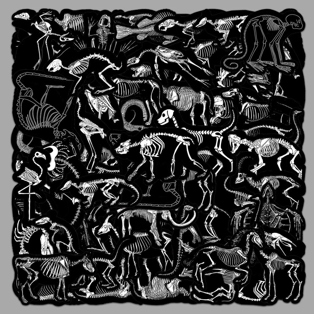 50 Animal Skeleton Graffiti Stickers: Black & White Waterproof Decals for Water Bottles, Phones, and Skateboards