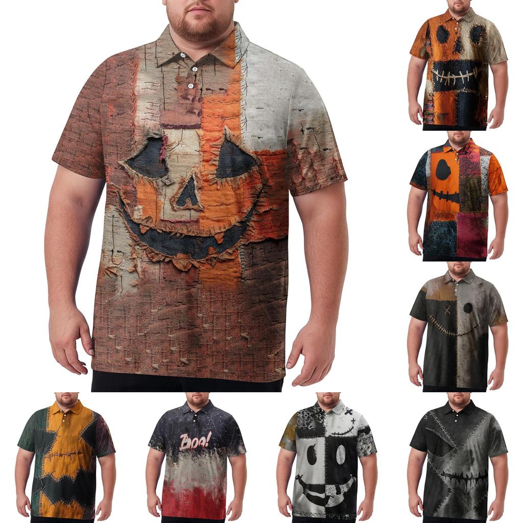 Herren Übergröße Halloween Print Golf Poloshirt Atmungsaktiv Kurzarm Lässiges Arbeitskleidung Oberteil Bequeme Passform