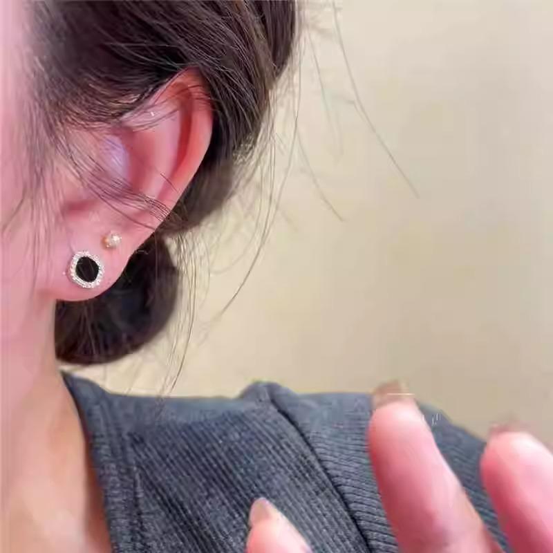 Black Square Pearl Stud Earrings Set of Four - Silver Hooks, Elegant Ear Accessories