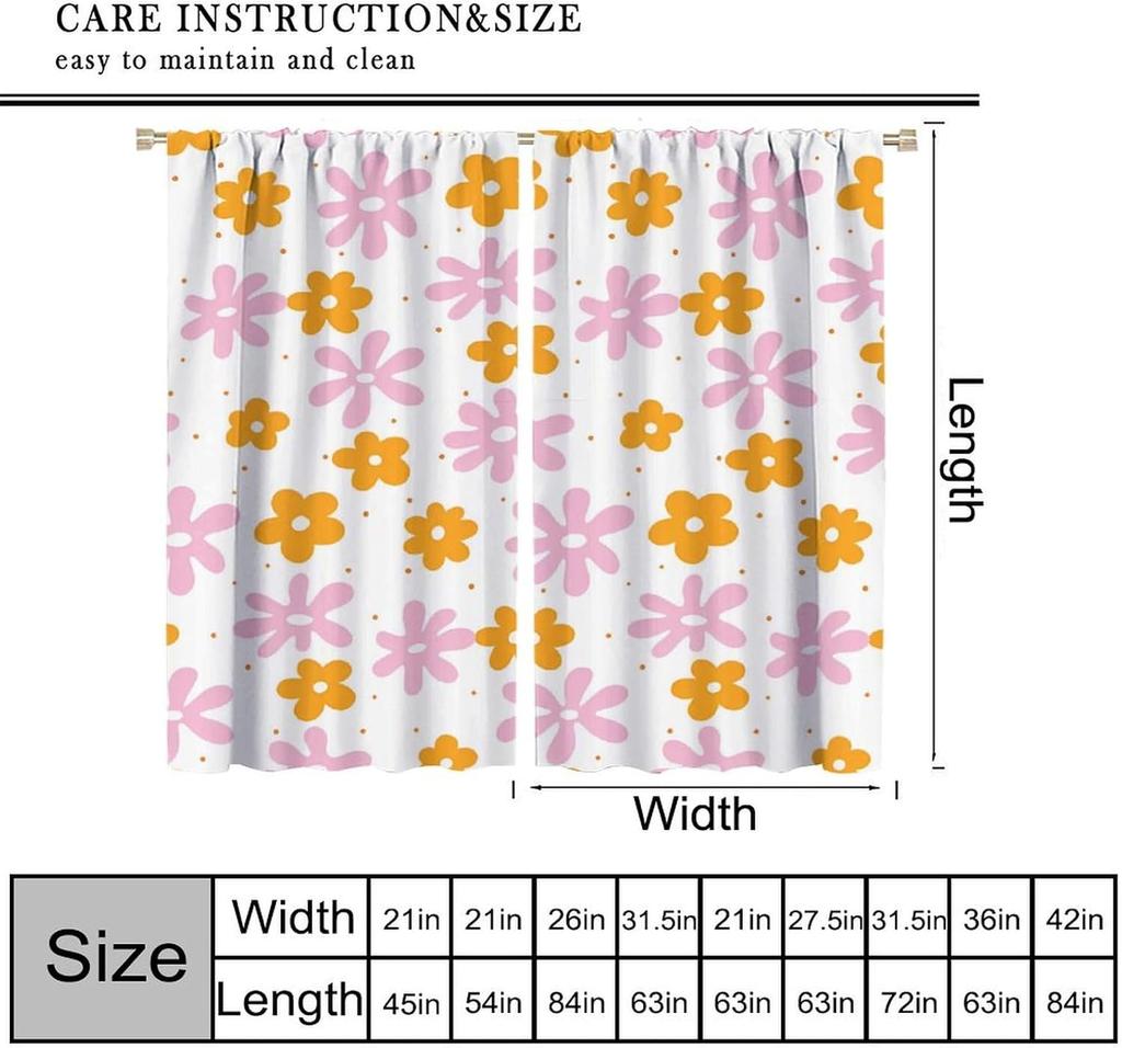 Pink Orange Flower Curtains Girls Bedroom Retro Hippie Groovy Daisy Floral Print Window Treatments Kids Curtain Polyester Ideal For