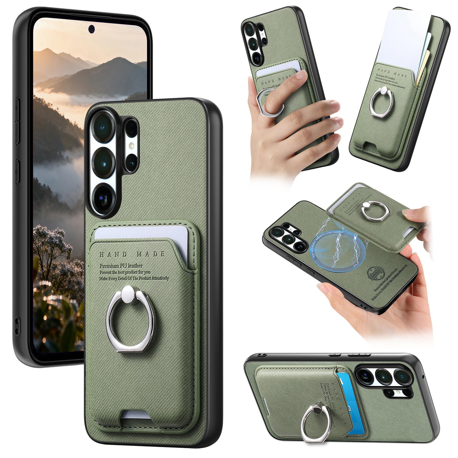 

Luxury Leather Card Slot Holder Phone Case for Samsung S26 S25 Edge FE Ultra S24 Plus S23 S22 S21 Kickstand Folding Cover Galaxy S22 5G зелений