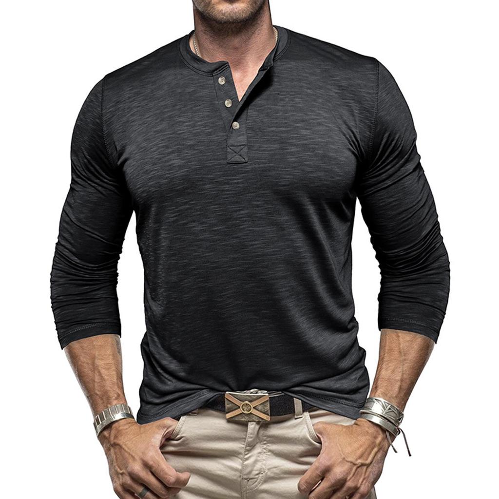 Men's Solid Color Casual Sports Round Neck Button Trendy Slim Fit Long Sleeve Top