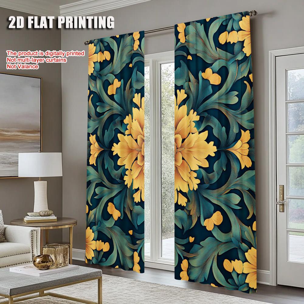2Pcs Art Flowers Digital Printed Window Curtains Polyester Material Suitable For Living Room Kitchen Bedroom Study Dining Room