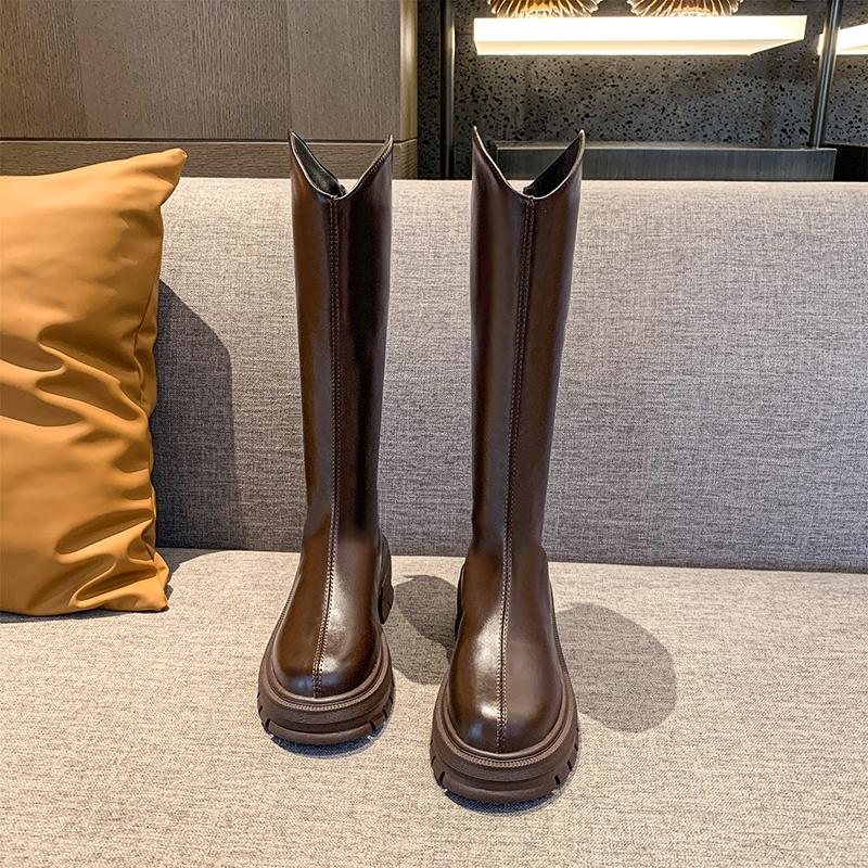 2024 Hot Sale New Autumn Winter Women Knee Length Shoes Round Head Solid Color Slip-On Wear Resistant Ladies Elegant Boots