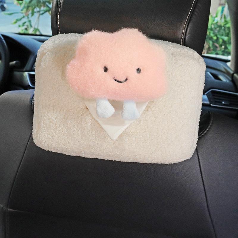 Cute Cartoon Plush cloud Flowers Car Tissue Box Hanging Napkin Holder for Car Back Seat Headrest Armrest Paper Organizer Storage