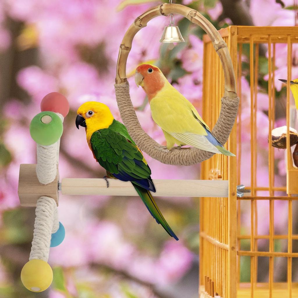 Rotating Bird Perches Toy, Wooden Parrot Swing Playing Gym Exercise Stand Cage Grinding Climbing Standing Perch for Cockatiels