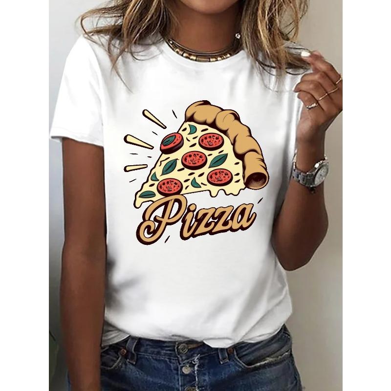 A Retro Pizza Graphic Tee, Short-Sleeved Crew Neck Casual Shirt Perfect for Spring and Summer, Designed for Women.