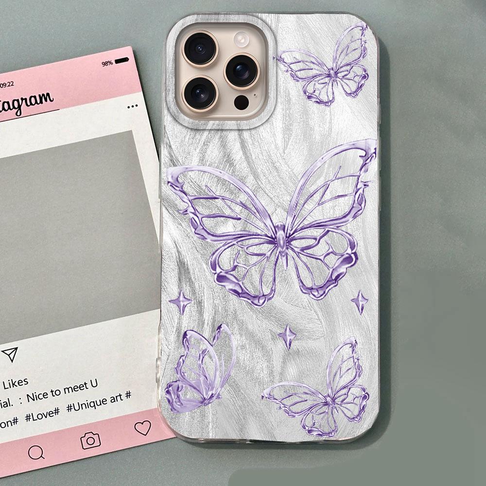 Laser Silver Butterfly Feather Texture Women Phone Case for iphone 16 15 14 7 8 Plus 13 11 12 Pro Max X XS XR SE 2022 16e Cover