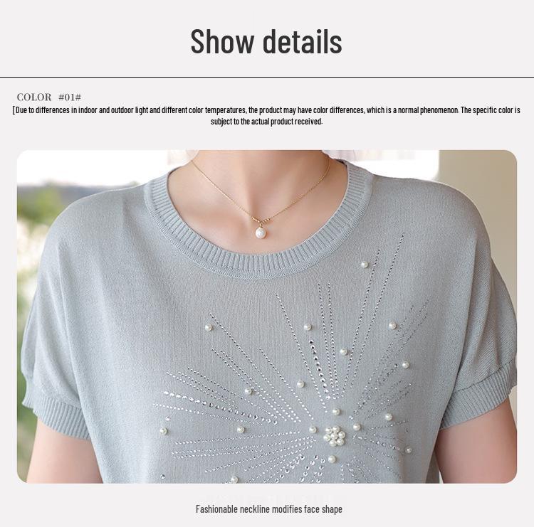 Stylish Summer Ice Silk Short-Sleeve Top for Mom - Knitted Cardigan T-shirt for Middle-Aged & Elderly Women, 2026 Collection