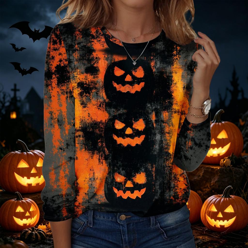 Women's Halloween Pullover Sweatshirt Long Sleeve Crewneck Top Casual Printed Lightweight Pullover Sweatshirt for Fall Seasonal Wear