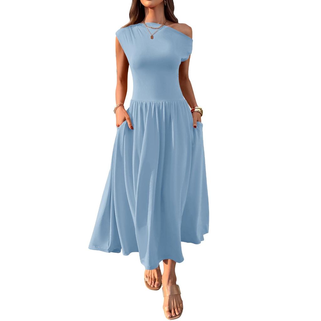 Women's Asymmetric Neck Sleeveless Maxi Dress Slim Fit Elastic Waist Casual Pocket Long Dress