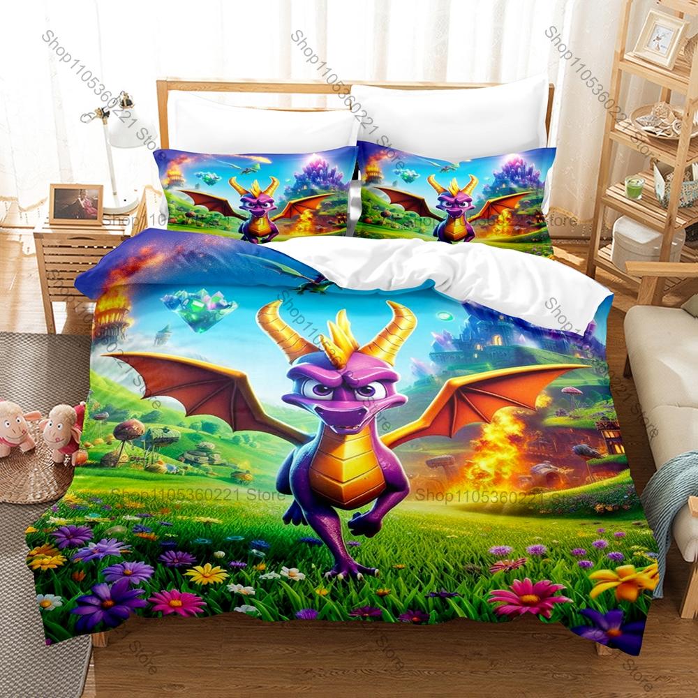 Spyro Reignited Trilogy Bedding Set, Duvet Cover & 2 Pillowcases, Cute Dragon Character Pattern Breathable Fabric All Season