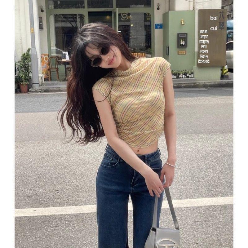 Women's Red Plaid Off-Shoulder Mesh T-Shirt - Slim Fit, Short-Sleeved, Summer Top