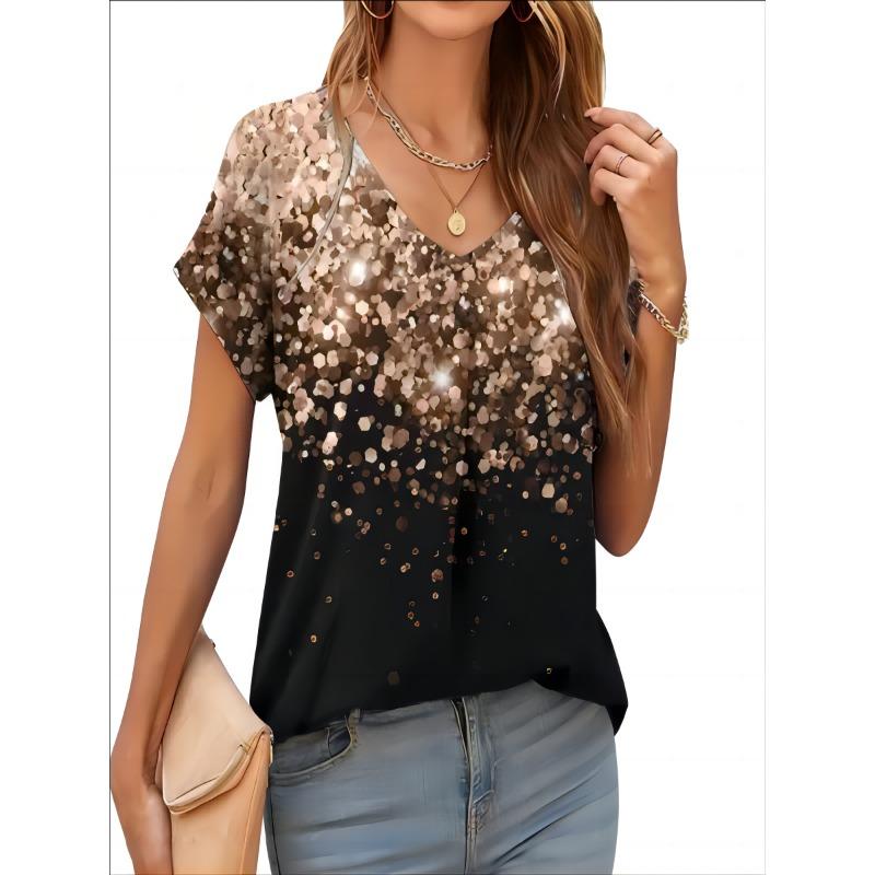 2026 New Summer Women T-shirt 3d Fashion Print Gradient Harajuku T Shirt Oversized Tee For Ladies Clothing New Short Sleeve V-Ne