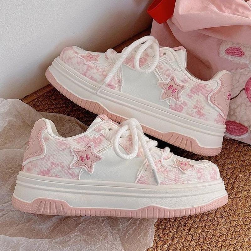 College Style Cute Pink Star Board Shoes Autumn New Two-color Sole Lace-up White Shoes Student Casual Shoes