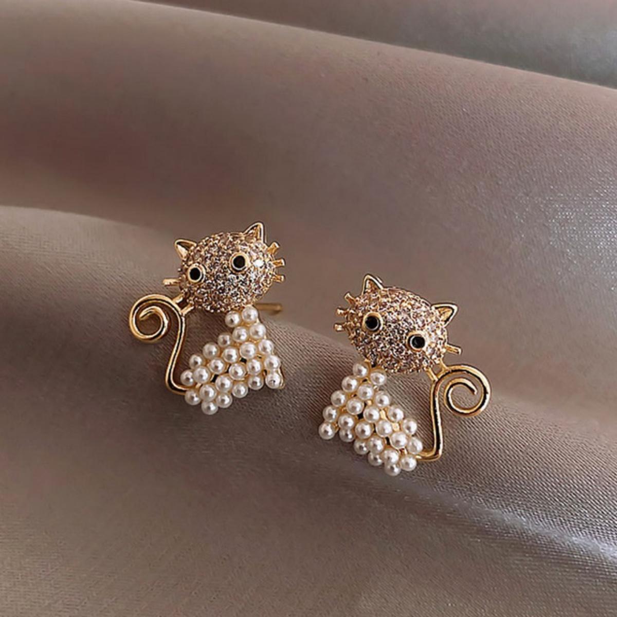 

Temperament Rhinestone Imitation Pearl Cat Stud Earrings For Women Men Elegant Lovely Animal Kitten Earrings Fashion Jewelry