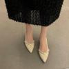 Retro versatile pearl pointed head shallow mouth medium heel thick heel casual high heels women's 2025 spring new French single shoes