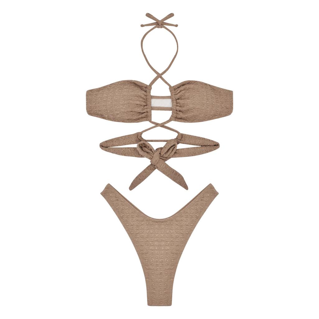 2024 Sexy Solid Color Gathered Bikini Women's Three-Piece Swimsuit