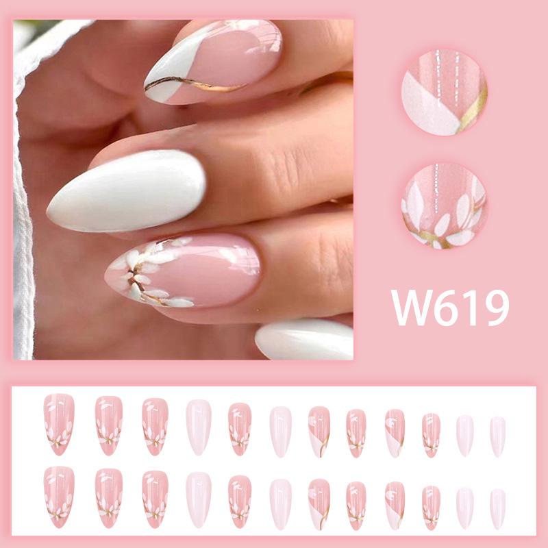 Elegant Pink Floral Gold Foil Almond Nail Tips - European & American Style