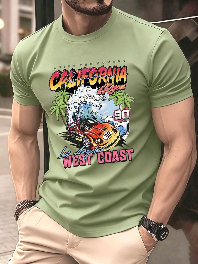 California West Coast Print Mens T Shirts Hip Hop AllMatch Tops Casual Cotton Vintage Clothes Male Loose Crewneck Streetwear